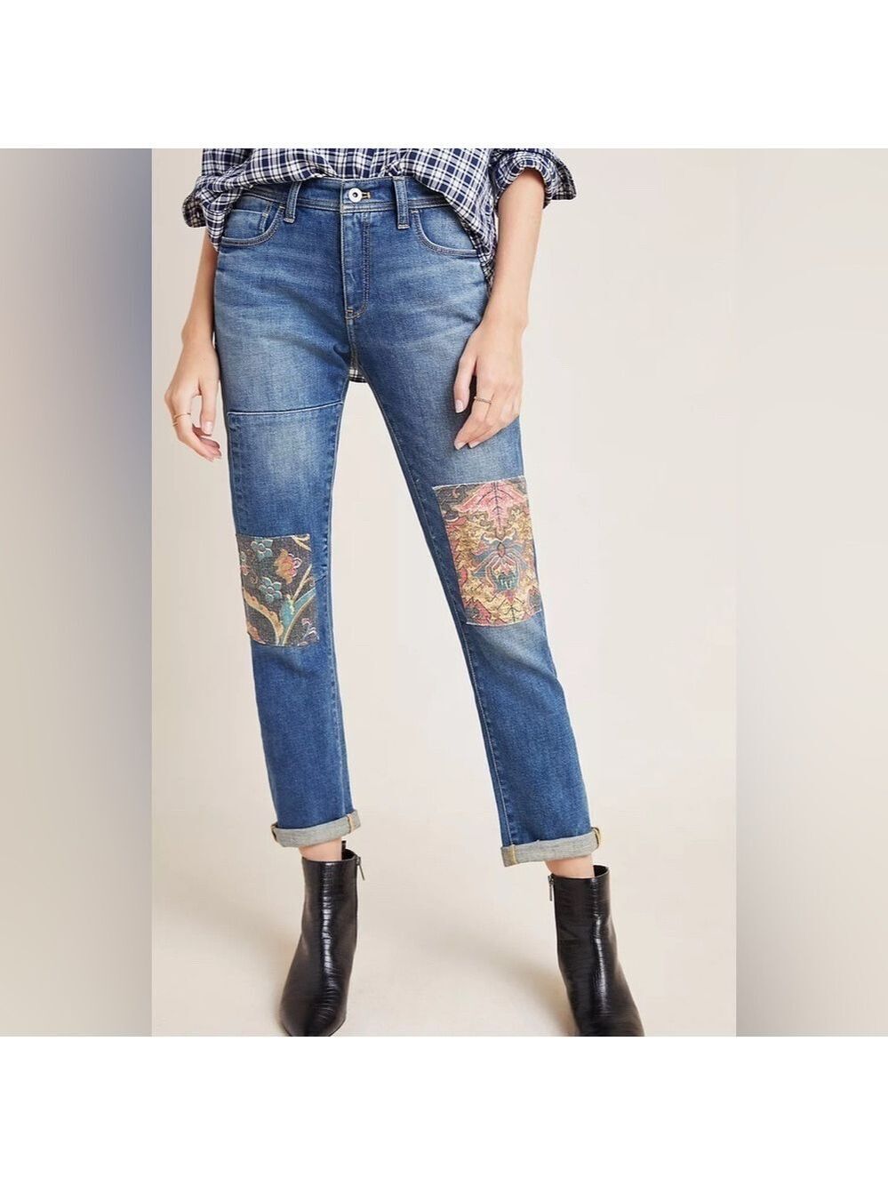 ANTHROPOLOGIE Pilcro Women 25 Slim Boyfriend Boho Patchwork Jeans inseam 29.5”